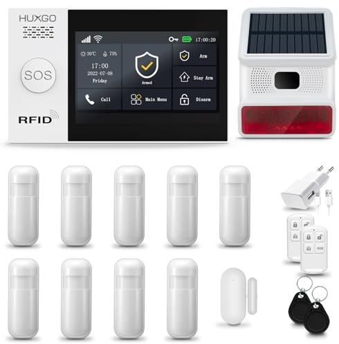 HUXGO® HXA007 Alarmanlage Haus WiFi + GSM 4G mit Solar Funk Sirene | Tuya Smartlife App | Alarm System mit Fenstersensor, 9X Bewegungssensoren | Alarmanlage Wohnung, Garage | Smart Home Security