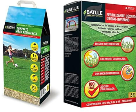 Semillas Batlle Césped Compacto de gran Resistencia - 5kg & Abonos - Fertilizante Césped Profesional Otoño-Invierno Caja 1,5 Kg. - Batlle