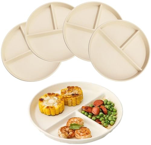 NOZVYCI 23CM Lot de 4 Assiette Plate Incassable avec 3 Compartiments Assiette à Dîner Divisée Allant au Micro-ondes et au Lave-vaisselle Assiette pour Familiale Séparée (Beige)
