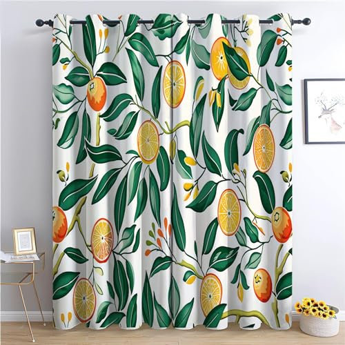 Blickdichte Gardinen Zitrus Grünes Blatt Orange Frucht Verdunkelungsvorhang - Lichtundurchlässige Vorhang mit Ösen für Schlafzimmer Geräuschreduzierung Blumen und Pflanzen 214 x 91.5 cm, 2er Set