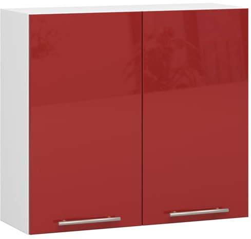 3E 3xE living.com Hängender Küchenschrank, Farbe: Weiß | glänzend Rot, A: B: 80 cm, H: 72 cm, T: 30 cm.