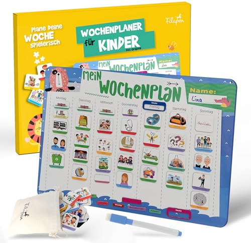Filapen® Wochenplaner Kinder - Montessori Magnettafel inkl. 209 Magnete, Stoffbeutel, Stift & Kordel - Aufgabenplaner Komplett beschreib- und abwischbar - Fördert die Selbstständigkeit