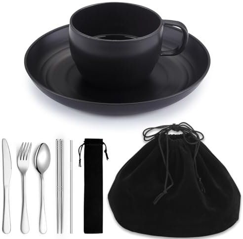 Camping Essentials set, Homquen Assiettes et bols de Camping Set, tasse à café, ensemble de vaisselle de voyage avec cuillère, fourchette, couteau de travail, extérieur, pique - nique, camping（Noir）