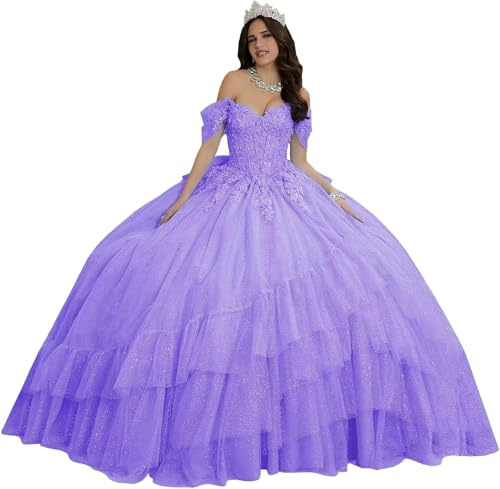 Yifanier Vestidos de quinceañera con Volantes Hombros Descubiertos Tul Lazo Dulce 16 Cola MT025