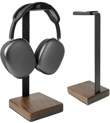 GEVO Headphone Stand Headset Holder - Headset Metal Mount Rack for Desk with Walnut Wooden Square Base for Gaming, AirPod Max, Bose, Sony, Razer, Jabra, JBL
