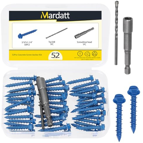 Mardatt Lot de 52 vis à béton, à tête hexagonale fendue, 3/16 x 1-1/4, vis à béton, ancre avec butées de perçage et douille hexagonale, maçonnerie auto-taping pour l'ancrage