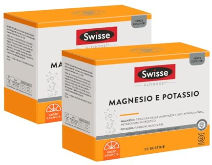 SWISSE Magnesio e Potassio- Integratore Potassio e Magnesio in Polvere Donna e Uomo con Sali Minerali, Integratori Stanchezza Affaticamento e Funzione Muscolare, 40 Bustine Gusto Arancia Made in Italy