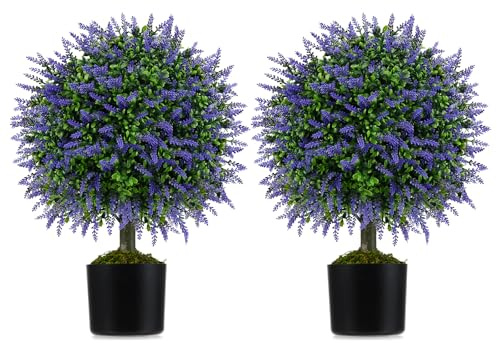 COSTWAY Set of 1/2 Artificial Boxwood Topiary Ball Tree, Faux Shrub Bushes with Flowers and Plastic Nursery Pot, Fake Decorative Greenery Plants for Indoor Outdoor (2, Purple Lavender Tree, 58cm)