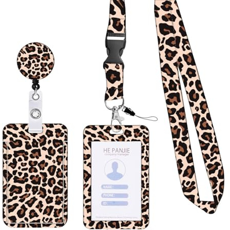 Auriselle Porte-badge coulissant lanière, étui carte, bande, badge, clip, motif léopard, porte-carte cordon, étanche, vertical, ID, boucle extensible pratique, plusieurs compartiments pour cartes