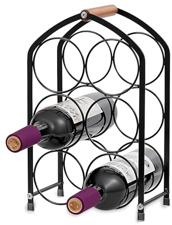 Ouseen Weinregal Metall Schwarz & Holz – Kleines Weinregal Stehend für 6 Flaschen | Weinständer & Weinflaschenhalter mit Griff | Modernes Flaschenregal für Küche & Schrank – Wine Rack