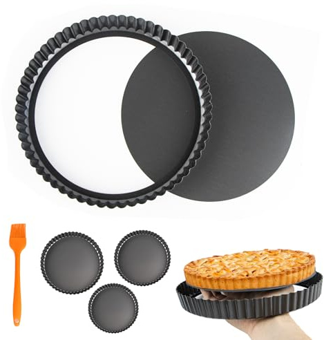 Molde Quiche con Desmontable 3 Piezas y Pincel de Silicona, Molde para Tarta Base Desmontable Recubrimiento, Antiadherente, Molde Tartade Acero al Carbono para Postres y Tartas de Frut, 22/23/24 cm