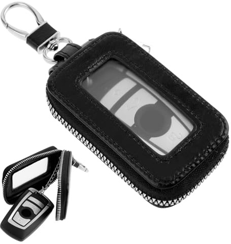 XLIUAX Leather Car Key Fob Case, Transparent Window Key Holder with Metal Hook and Keyring Black Zipper Auto Keys Case Cover Bag Protector for Men Women