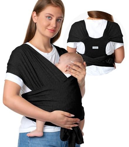 Momcozy Baby Tragetuch Neugeborene mit Schnalle, einfach zu tragenes Babytragetuch im T-Shirt-Design,für Babys 3,6-15kg, verstellbares Schnallen-System für Taillenumfang von 76,2-119,4cm, Schwarz