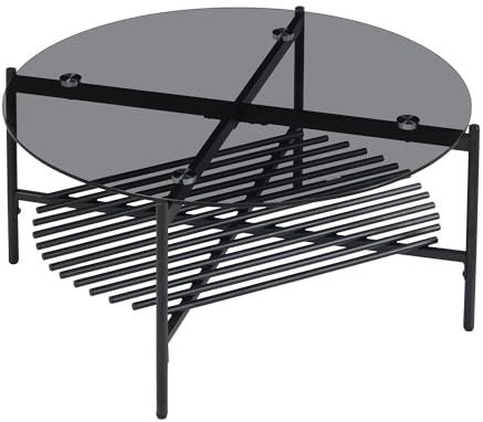 FineBuy Couchtisch Glas Metall Rund 80x40 cm Schwarz, Moderner Wohnzimmertisch mit Ablage, Sofatisch Wohnzimmer mit Stauraum, Loft Kaffeetisch im Industrial Design
