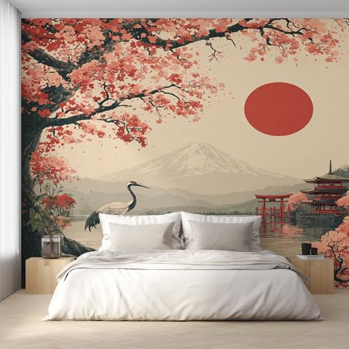 Générique Papier Peint Panoramique Japonais, Papier Peint Fleurs de Cerisier Montagne 250 x 175 cm, Photo Décoration Murale, Papiers Peints Intissé Décoration Murale Salon Chambre EL&D67