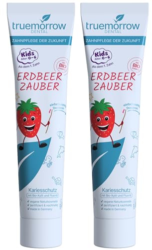 truemorrow Kinderzahnpasta mit Bio-Xylit und Fluorid | ohne Titandioxid & Mikroplastik – nachhaltige Kreislauftube – | Zahnpasta für Kinder mit Erdbeergeschmack 2-er Set