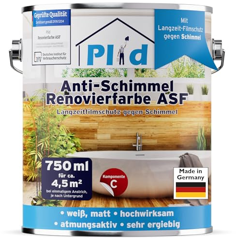 Plid Anti Schimmelfarbe Renovierfarbe Weiß Matt 750 ml | Anti Schimmel Feuchtraumfarbe | Badezimmer & Küche | Wandfarbe | Hochdeckend | Für Bad, Küche & Keller | ca. 4,5 m²