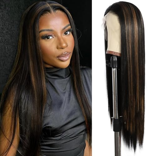 33 x 15 cm lange glatte Kunsthaar-Perücke mit Lace-Front, Schwarz | Synthetische Perücken für Damen, 150 % Dichte, Party, Alltag, hitzebeständig, 66 cm