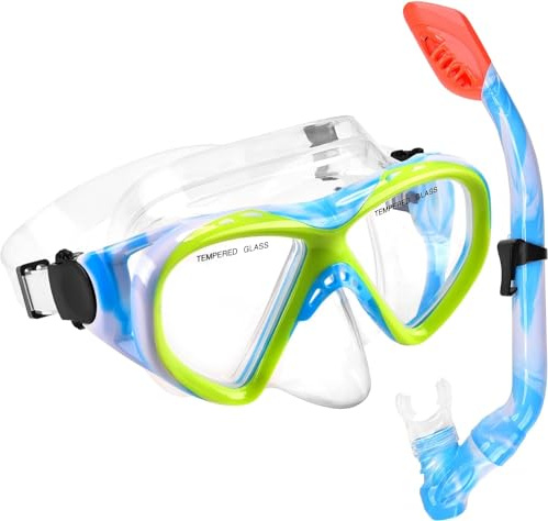 Maschera Subacquea Bambini, Maschera Snorkeling Anti Appannamento Anti-Perdite Vista Panoramica a 180 Gradi Maschera da Sub HD Maschera e Boccaglio Vetro Temperato per Bambini Junior
