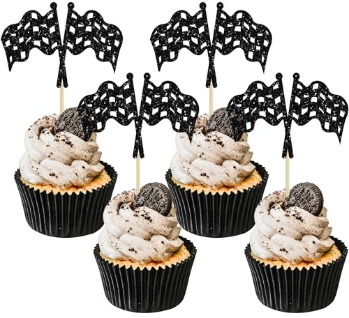 Ephlyn 30Pcs Checkered Racing Flag Cupcake Toppers Double Sided Glitter Race Car Finish Line Checkered Flag Cupcake Picks for Birthday Party Cake Decorations Supplies