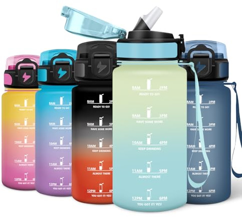 Motswedi Borracce 500 ml con Marcatore di Tempo, Borraccia Acqua, Riutilizzabile Borraccia, Palestra con Cannuccia, Bottiglia d'acqua Sportiva, per Fitness, Lavoro, Scuola, Bianco & Blu Inferno