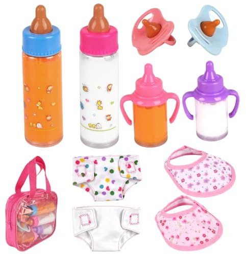 Zogxyc Accesorios para Muñecas de Bebé, 10 Pcs Accesorios Bebe Juguete | Incluye Botella Mágica, Chupete de Muñeca, Cargar Bolsas, Babero, Regalo para Niñas