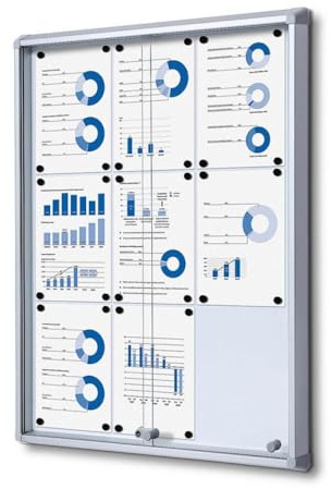 Schaukasten Schiebetür 9x A4 Innen | ESG Sicherheitsglas, B1 Brandschutz, Sicherheitsecken | silber, magnetische Rückwand, abschließbar | für Schule, Kita, Behörde, Wand-Montage, Schiebetüren