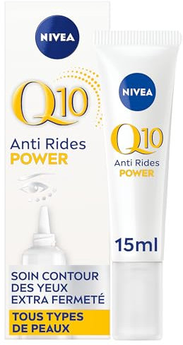 NIVEA Q10 Power Soin Contour des Yeux (1x15 ml), crème anti rides yeux enrichie en Q10 pur & Acide Hyaluronique, soin anti-âge anti-cernes booster de collagène, crème hydratante tous types de peaux