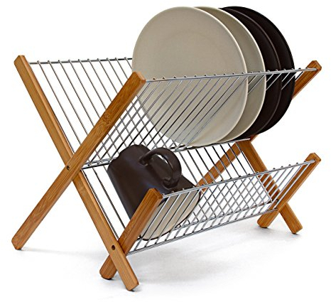 Relaxdays Scolapiatti CROSS HLP 27x39x29 cm, Gocciolatoio Pieghevole per Piatti, Struttura in Bambù e Metallo, Naturale