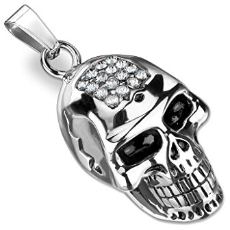 Bungsa Halskettenanhänger grinsender Totenkopf mit 16 klaren Kristallsteinen besetzt aus .316L Edelstahl