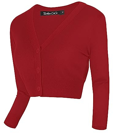 Urban GoCo kurze Damen-Strickjacke / Pullover, V-Ausschnitt, verdeckte Knopfleiste, 3/4 Ärmel Gr. S, rot