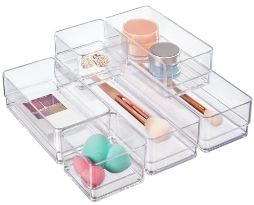 Clear Plastic Vanity and Desk Drawer Organizers | 6 Piece Set
