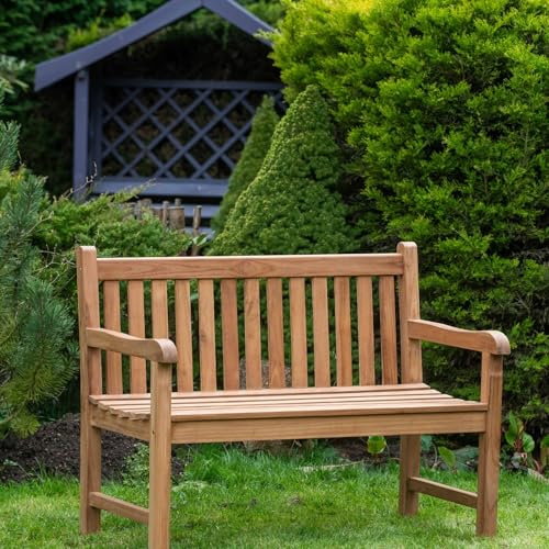 The Garden Marketplace Solid Teak 2 Seater Garden Bench – Heavy Duty Hardwood Outdoor Seating, Sustainable Teak, 120cm Wide Patio or Conservatory Bench, Flat Pack Assembly