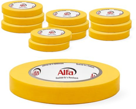 Alfa 12x FineLine GOLD Washi Tape 18 mm x 50 m Profi-Abdeckband (600 m) | Profi-Qualität - Japanisches Reispapierband für Malerarbeiten - UV-beständig und rückstandsfrei – PREMIUM-Klebeband