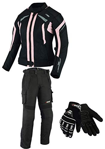 BOSmoto DAMEN MOTORRADKOMBI JACKE + HOSE + HANDSCHUHEN - BIKE MOTORRAD ROCKER TOURING in verschiedenen farben (L, Schwarz Rose)