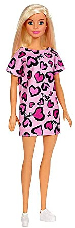 Barbie GHW45 - Blonde Puppe mit pinkem Kleid mit Herzaufdruck und Plateau-Sneaker, Spielzeug für Kinder von 3 bis 7 Jahren