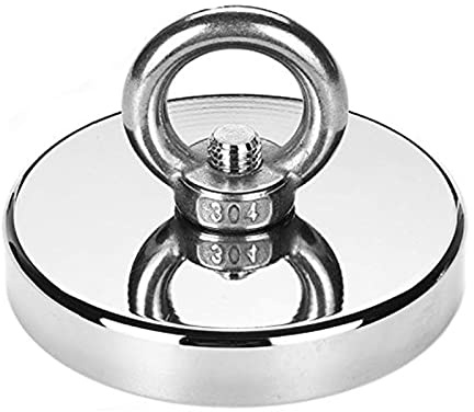 Powmag Neodym 350 kg Zugmagnet mit Öse, Ø90 x H18 mm, stark mit Augenschraube und Senkloch zum Angeln mit Magnet und Rettung im Fluss