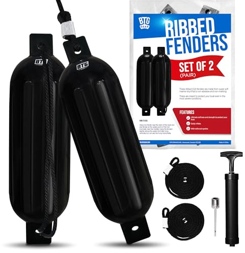BTG Gear Set of 2 Pack 5.5 Inflatable Large Boat Fenders Bumpers for Docking w/Free 6 ft Fender Lines & Pump (Black)
