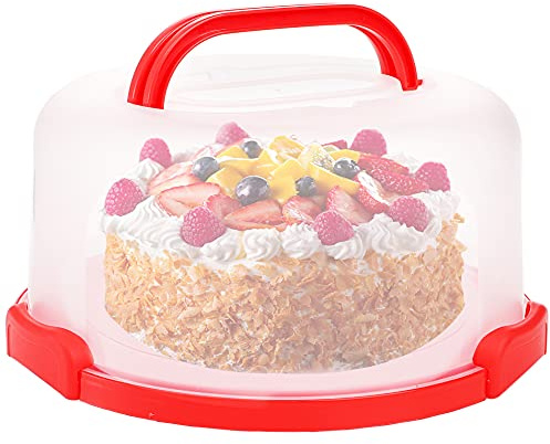 Yesland Cake Carrier with Collapsible Handle - Plastic Red Cake Container and Holder with Lid - Portable Round Cake Cover for 10 inch Cake, Pies, Cookies, Nuts, Muffins and Fruit