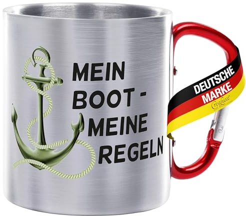 Crealuxe Edelstahltasse mit Karabiner - Mein Boot - meine Regeln - 330ml, Tasse bedruckt, Kaffeetasse, Bürotasse, Metalltasse mit Name