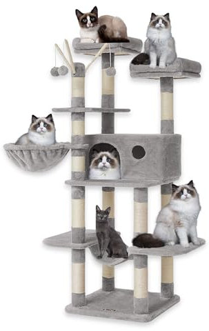 Multi-Level Cat Climbing Tower with Ladder - Stable Cat Tree & Scratch Post - Indoor Pet Activity Center - Furniture Play House for Kitty & Kitten (Grey - 50 * 50 * 154cm)