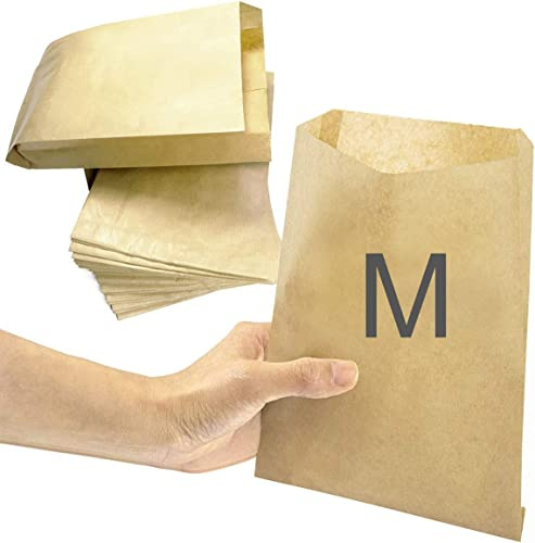 100 Bolsas papel kraft medianas (25x14cm) color marron. Bolsita regalo boda comunion cumpleaños chuches pan bocadillo sandwich bolleria galletas fruta merienda almuerzo (Mediano 100 uds)