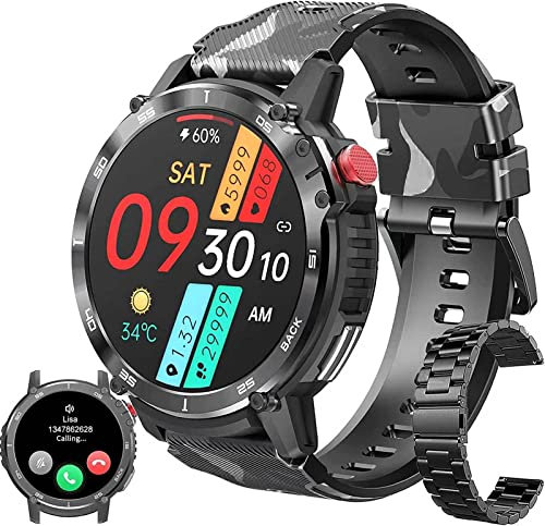 Military Smart Watch Outdoor Bluetooth Call (Answer/Make Calls) Heart Rate Monitor Sleep Tracker 1.6 Touch Screen Mens Smartwatch for Android iOS Phones Tactical Pedometer