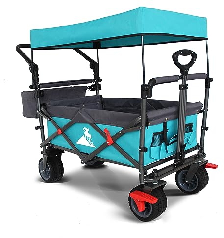 Faltbarer Bollerwagen Garten-Wagen, Outdoor Camping Falten Wagon Einkaufswagen mit 360 Grad Drehräder, Justierbarer Griff, 265lbs Kapazität, Türkis/Grau.
