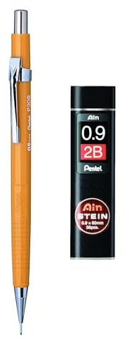 Pentel P209 Druckbleistift – 0,9 mm – gelber Schaft + Ain Stein 0,9 mm 2B Nachfüllminen 1 stück (2er Pack)