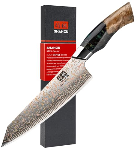 SHAN ZU Damastmesser aus Kupfer Kochmesser Handgeschmiedetes Japanisches Messer, 33 Schichten Damaststahl & Kupfer Profi Damast Küchenmesser 20CM - VENUS Series