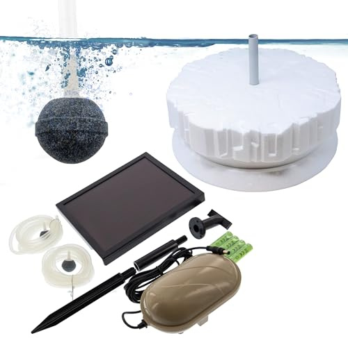 VIALIA Solar Eisfreihalter Teich & Luftpumpe 200 l/h | 40cm Styropor Schwimmer & 1,4W Panel | Winterfestes Belüfter-Set mit 2 Luftsteinen | Effektiver Winterschutz & Sauerstoffversorgung für Fische