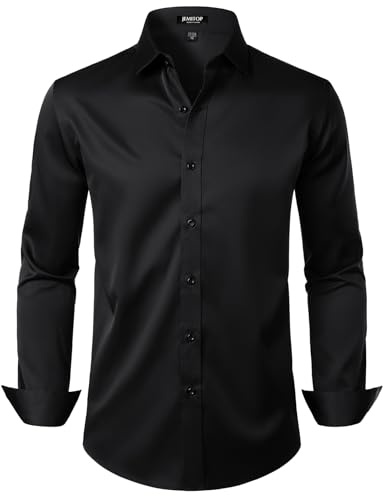 JEMITOP Men's Stretch Wrinkle Free Dress Shirts Formal Wedding Prom Long Sleeve Button Down Shirt Black M