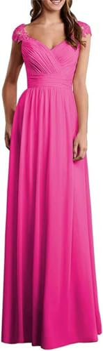 WSEYU Vestido de dama de honor con cuello en V fruncido largo de gasa para invitados de boda, vestidos de noche, fucsia, 54 Más