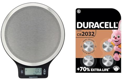 Amazon Basics Digital kitchen scales with LCD display (with batteries), Black and Stainless Steel & DURACELL 2032 Lithium Coin Batteries 3V (4 Pack) - Up to 70% Extra Life - Baby Secure Technology